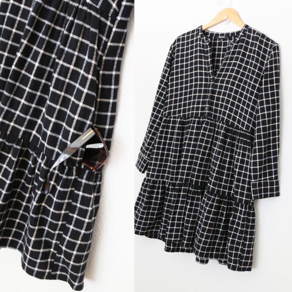 Madewell Flannel Button-Placket Tiered Mini Dress Windowpane Plaid Black S $118 - Picture 13 of 16